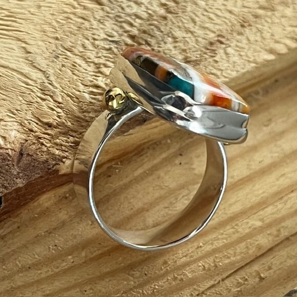 Sterling Silver 925 Brass Ring Oyster Copper Turquoise Modern Chunky Size 8 - Picture 4 of 7